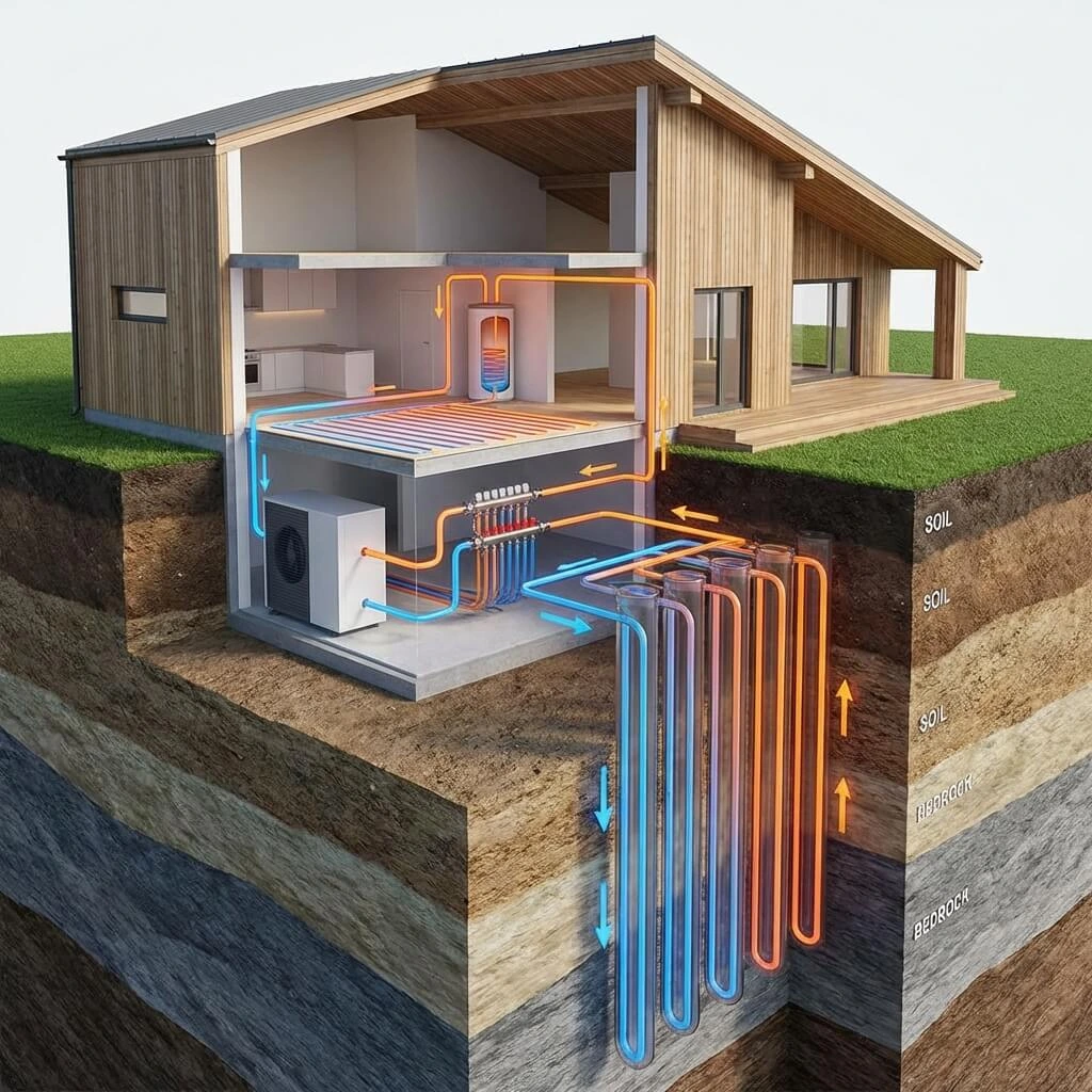Schéma système géothermique : sondes verticales, PAC eau eau, plancher chauffant, circuit de chauffage
